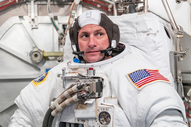 jsc2021e012882 (April 7, 2021) -- NASA astronaut Josh Cassada trains in a spacesuit at NASA's Johnson Space Center in Houston, Texas.