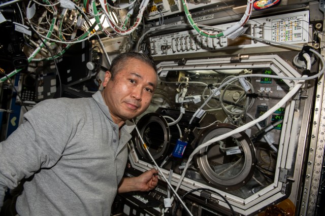 iss068e029939 (Dec. 15, 2022) --- Expedition 68 Flight Engineer Koichi Wakata of the Japan Aerospace Exploration Agency (JAXA) performs research operations inside the Destiny laboratory module's Microgravity Science Glovebox (MSG). Wakata was swapping samples inside the MSG for a space physics experiment demonstrating a passive cooling system for electronic devices in microgravity.
