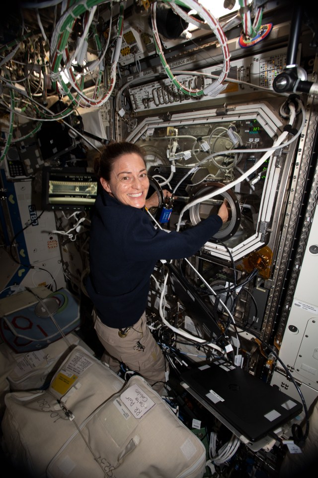 iss068e029618 (Dec. 14, 2022) --- NASA astronaut and Expedition 68 Flight Engineer Nicole Mann swaps samples inside the Microgravity Science Glovebox for a space physics study demonstrating a passive cooling system for electronic devices in microgravity.