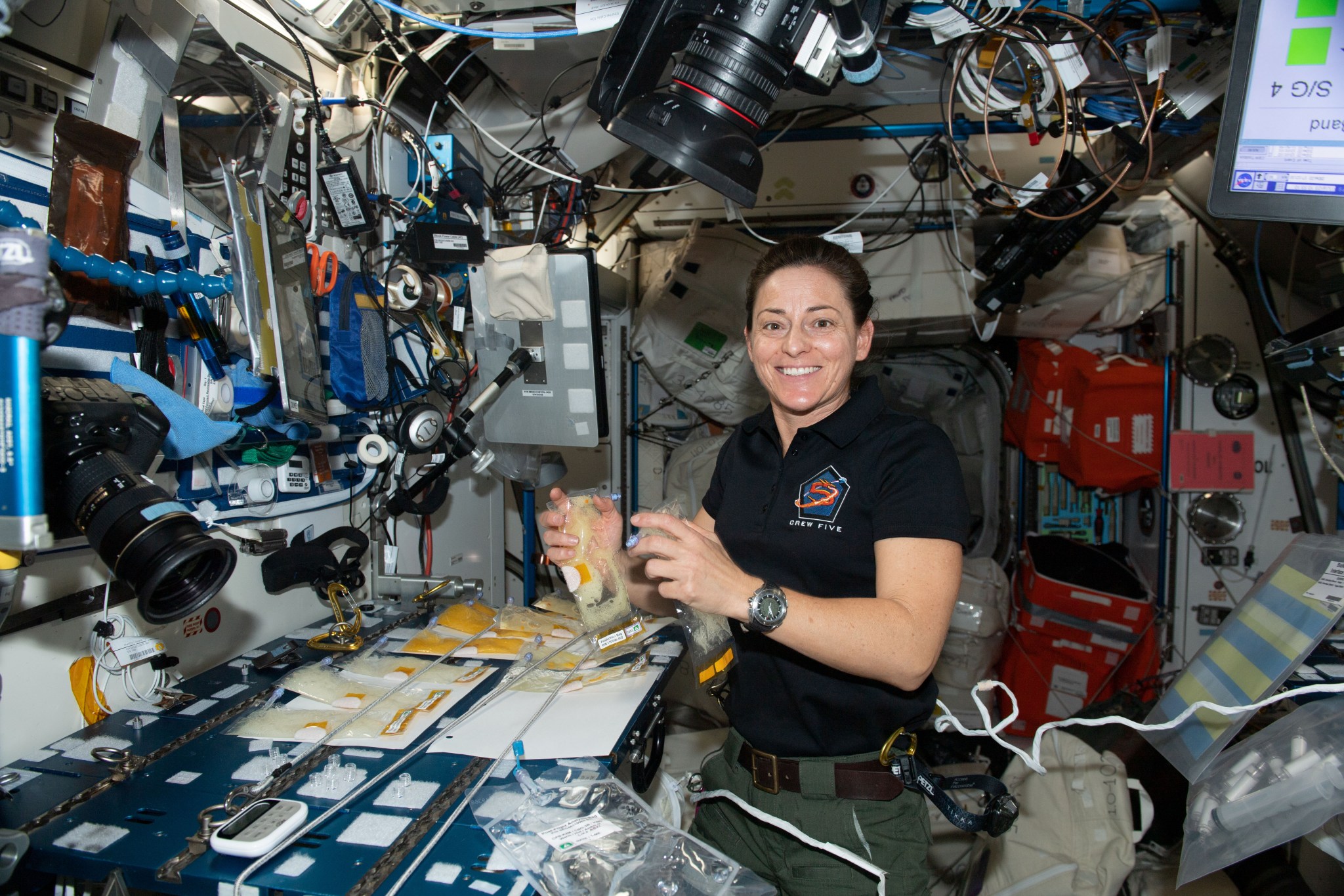 iss068e036727 (Jan. 3, 2023) --- NASA astronaut and Expedition 68 Flight Engineer Nicole Mann works in the International Space Station's Harmony module on the BioNutrients-2 investigation that uses genetically engineered microbes to provide nutrients, and potentially other compounds and pharmaceuticals, on demand in space.