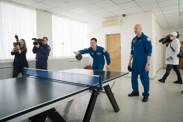 At their Cosmonaut Hotel crew quarters in Baikonur, Kazakhstan, Expedition 59 backup crew members Drew Morgan of NASA (left) and Luca Parmitano of the European Space Agency (right) take a break from pre-launch training March 7 for a game of ping-pong. Along with Alexander Skvortsov of Roscosmos, they are the backups to the prime crew members, Christina Koch of NASA, Alexey Ovchinin of Roscosmos and Nick Hague of NASA, who will launch March 14, U.S. time, on the Soyuz MS-12 spacecraft from the Baikonur Cosmodrome for a six-and-a-half month mission on the International Space Station.
