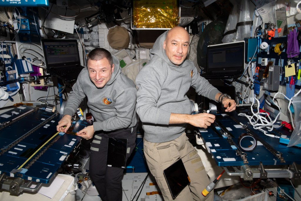 From left, NASA Flight Engineer Andrew Morgan and Commander Luca Parmitano of ESA (European Space Agency) set up a work space in the Columbus laboratory module. Parmitano would soon test a device in Columbus that measures an astronaut’s mass using Newton’s Second Law of Motion. The device, named the Space Linear Acceleration Mass Measurement Device, applies a known force to an attached astronaut and the resulting acceleration is used to calculate an astronaut’s mass.