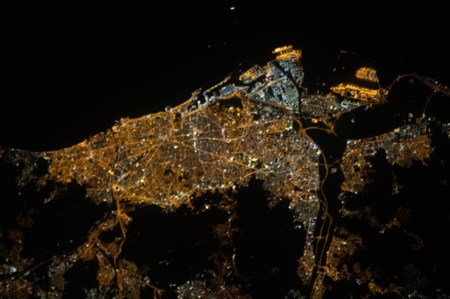This nighttime view of Barcelona, Spain, on the coast of the Balearic Sea, was taken from the International Space Station as it orbited above the east coast of the Spanish nation.