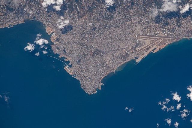 Beirut, Lebanon is pictured from the International Space Station as it orbited above southeastern Syria. At right, is the Beirut-Rafic Hariri International Airport.