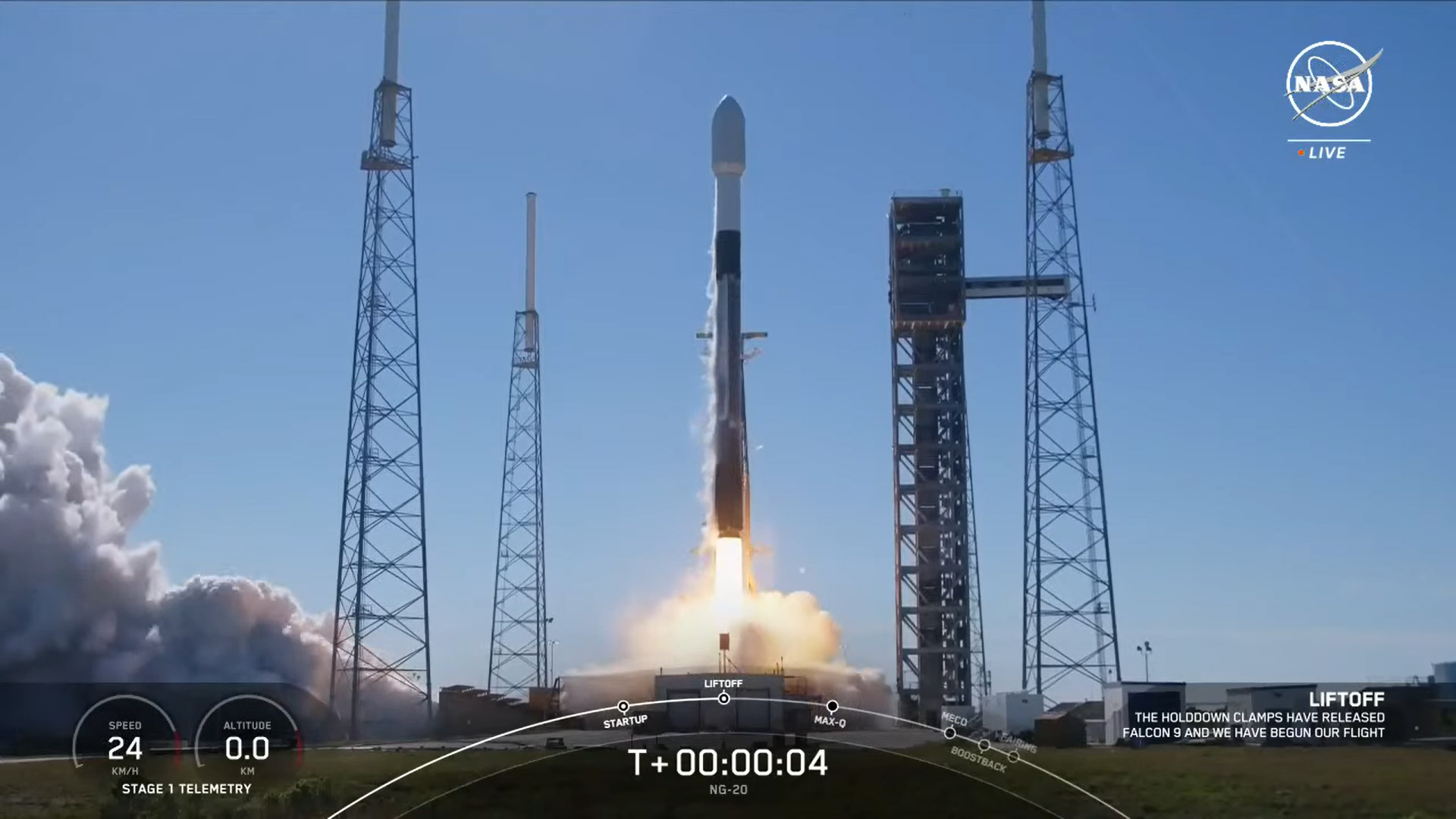 The Cygnus cargo craft from Northrop Grumman launches atop the SpaceX Falcon 9 rocket from its launch pad in Florida. Credit: NASA TV
