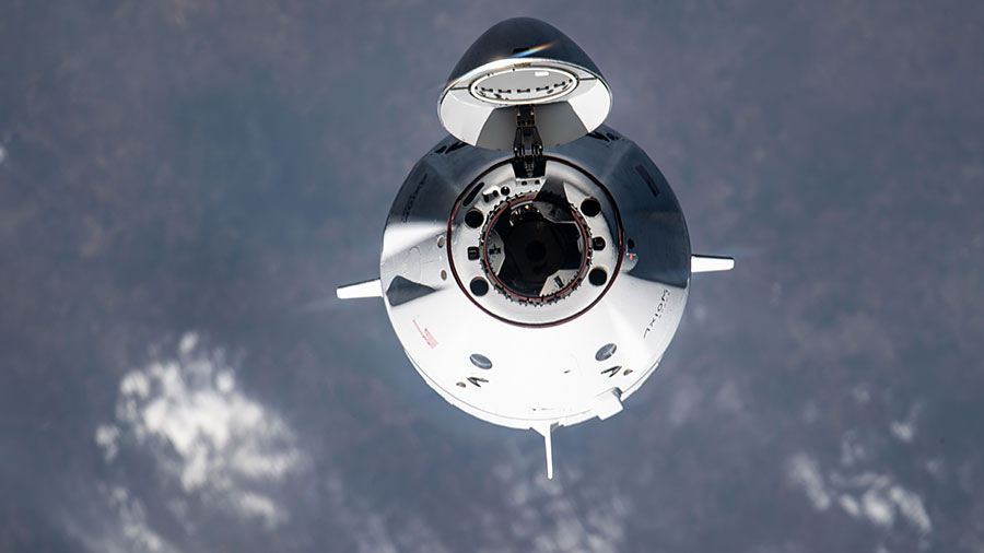 The SpaceX Dragon Freedom spacecraft carrying the Ax-3 crew is pictured approaching the space station above southern India.