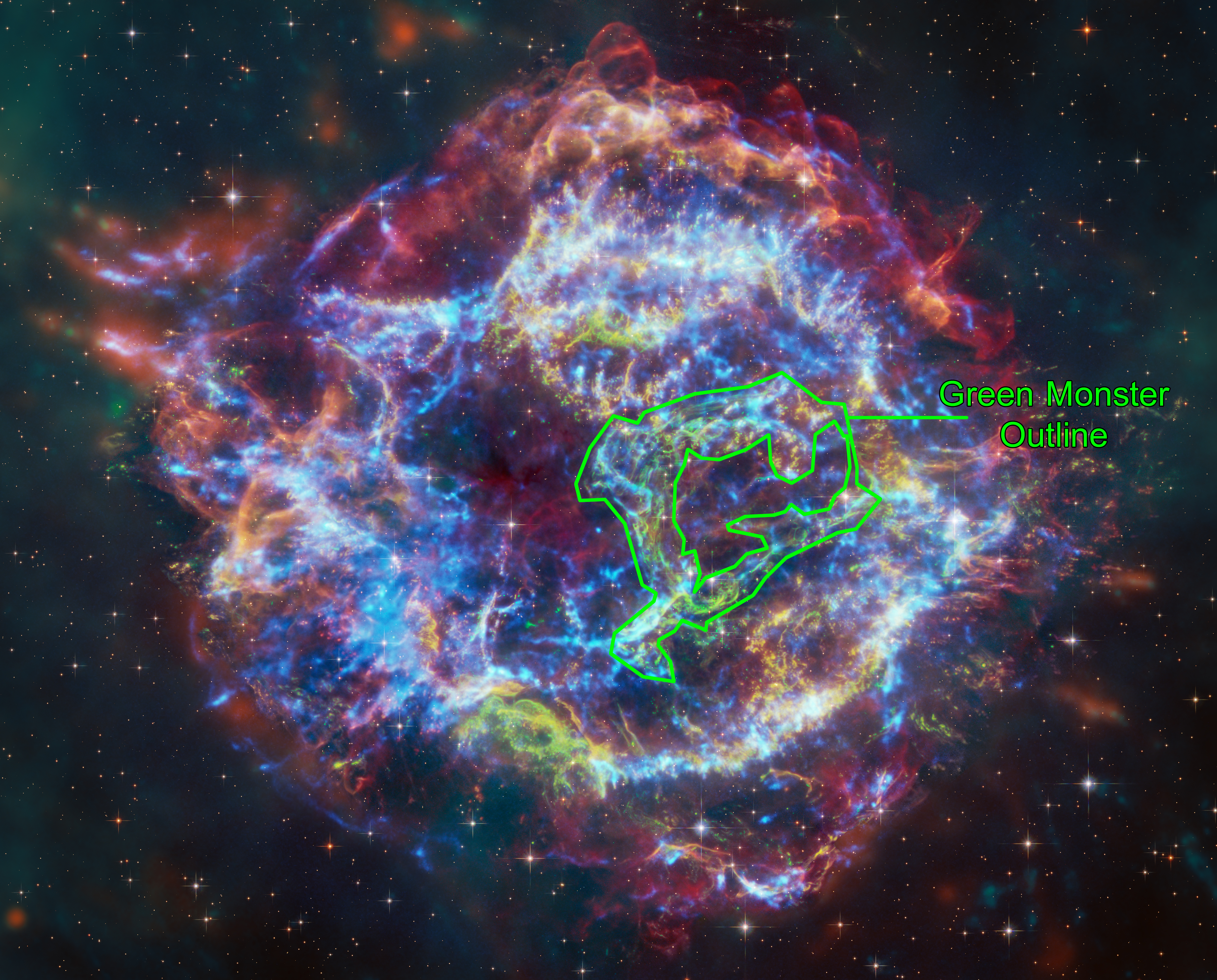 Data from Chandra and Webb of the supernova remnant Cassiopeia A (Cas A) have been combined for the first time, helping to explain an unusual structure within the debris field and address other questions about the supernova explosion that created it. These images show X-rays from Chandra, infrared data from Webb and Spitzer, and optical data from Hubble. Astronomers using these data found that the so-called Green Monster near the center of Cas A was created by a blast wave from the exploded star slamming into material surrounding it.