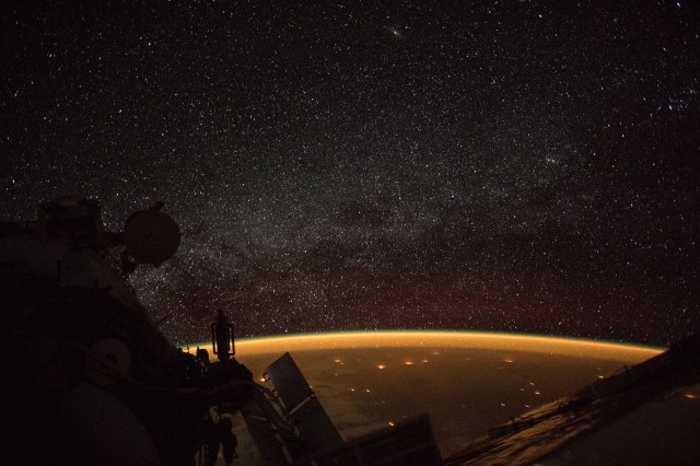 The International Space Station was orbiting about 256 miles above South Australia when a camera on board the orbital complex captured this celestial view of Earth's atmospheric glow and the Milky Way.