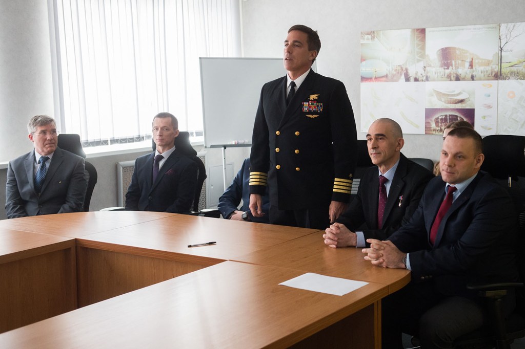 At the Gagarin Cosmonaut Training Center in Star City, Russia, Expedition 63 crewmember Chris Cassidy of NASA (standing) acknowledges the Russian State Commission’s approval of him for launch March 23 as his crewmates look on. From left to right are backup crewmembers Steve Bowen of NASA and Sergey Ryzhikov of Roscosmos, and prime crewmembers Anatoly Ivanishin and Ivan Vagner of Roscosmos. Cassidy, Ivanishin and Vagner will launch April 9 on the Soyuz MS-16 spacecraft from Baikonur for a six-and-a-half month mission on the International Space Station.