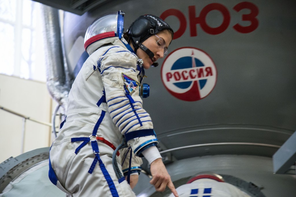 At the Gagarin Cosmonaut Training Center in Star City, Russia, Expedition 59 crew member Christina Koch of NASA boards a Soyuz spacecraft simulator Feb. 20 during the second day of final pre-launch qualifications exams. Koch, Nick Hague of NASA and Alexey Ovchinin of Roscosmos will launch March 14, U.S. time, in the Soyuz MS-12 spacecraft from the Baikonur Cosmodrome in Kazakhstan for a six-and-a-half month mission on the International Space Station.