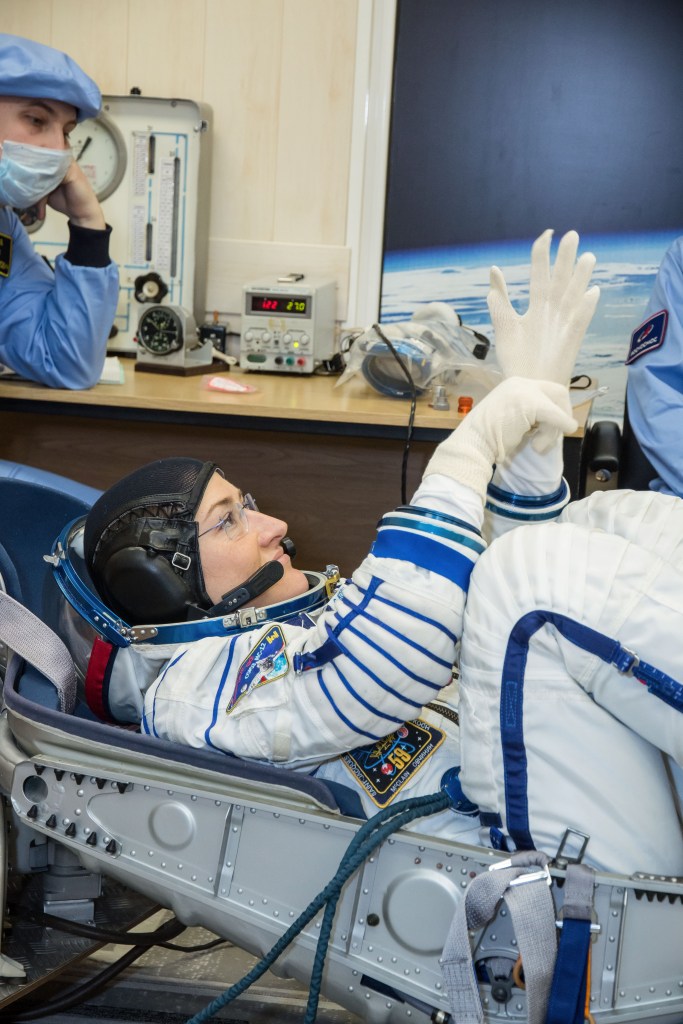 At the Baikonur Cosmodrome in Kazakhstan, Expedition 59 crew member Christina Koch of NASA undergoes a Sokol launch suit pressure check Feb. 27 during pre-launch training. Koch, Nick Hague of NASA and Alexey Ovchinin of Roscosmos will launch March 14, U.S. time, on the Soyuz MS-12 spacecraft from the Baikonur Cosmodrome in Kazakhstan for a six-and-a-half month mission on the International Space Station.