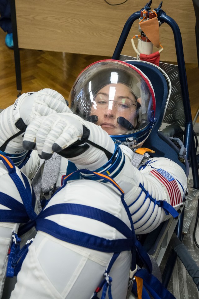 At the Baikonur Cosmodrome in Kazakhstan, Expedition 59 crew member Christina Koch of NASA undergoes a Sokol launch suit pressure check Feb. 27 during pre-launch training. Koch, Nick Hague of NASA and Alexey Ovchinin of Roscosmos will launch March 14, U.S. time, on the Soyuz MS-12 spacecraft from the Baikonur Cosmodrome in Kazakhstan for a six-and-a-half month mission on the International Space Station.