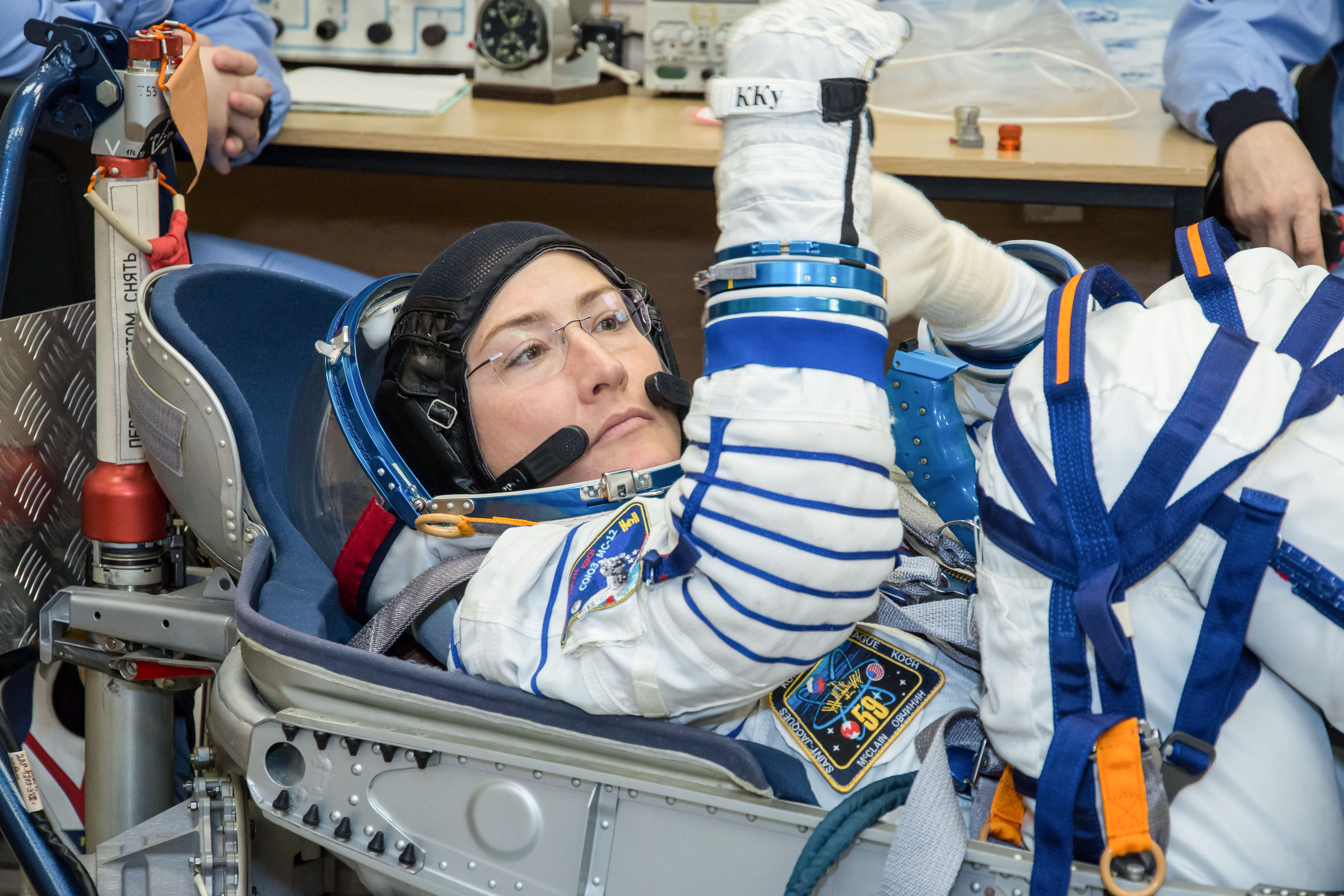 At the Baikonur Cosmodrome in Kazakhstan, Expedition 59 crew member Christina Koch of NASA undergoes a Sokol launch suit pressure check Feb. 27 during pre-launch training. Koch, Nick Hague of NASA and Alexey Ovchinin of Roscosmos will launch March 14, U.S. time, on the Soyuz MS-12 spacecraft from the Baikonur Cosmodrome in Kazakhstan for a six-and-a-half month mission on the International Space Station.