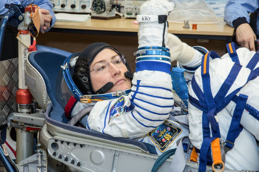 At the Baikonur Cosmodrome in Kazakhstan, Expedition 59 crew member Christina Koch of NASA undergoes a Sokol launch suit pressure check Feb. 27 during pre-launch training. Koch, Nick Hague of NASA and Alexey Ovchinin of Roscosmos will launch March 14, U.S. time, on the Soyuz MS-12 spacecraft from the Baikonur Cosmodrome in Kazakhstan for a six-and-a-half month mission on the International Space Station.