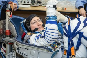 At the Baikonur Cosmodrome in Kazakhstan, Expedition 59 crew member Christina Koch of NASA undergoes a Sokol launch suit pressure check Feb. 27 during pre-launch training. Koch, Nick Hague of NASA and Alexey Ovchinin of Roscosmos will launch March 14, U.S. time, on the Soyuz MS-12 spacecraft from the Baikonur Cosmodrome in Kazakhstan for a six-and-a-half month mission on the International Space Station.
