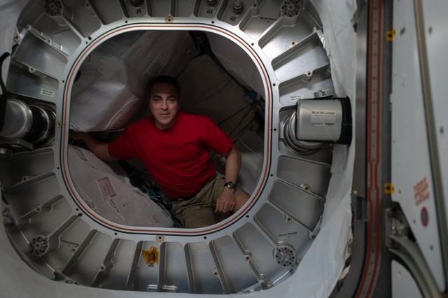 NASA astronaut and Expedition 63 Commander Chris Cassidy is pictured inside the Bigelow Expandable Activity Module (BEAM) during operations to retrieve charcoal filters.