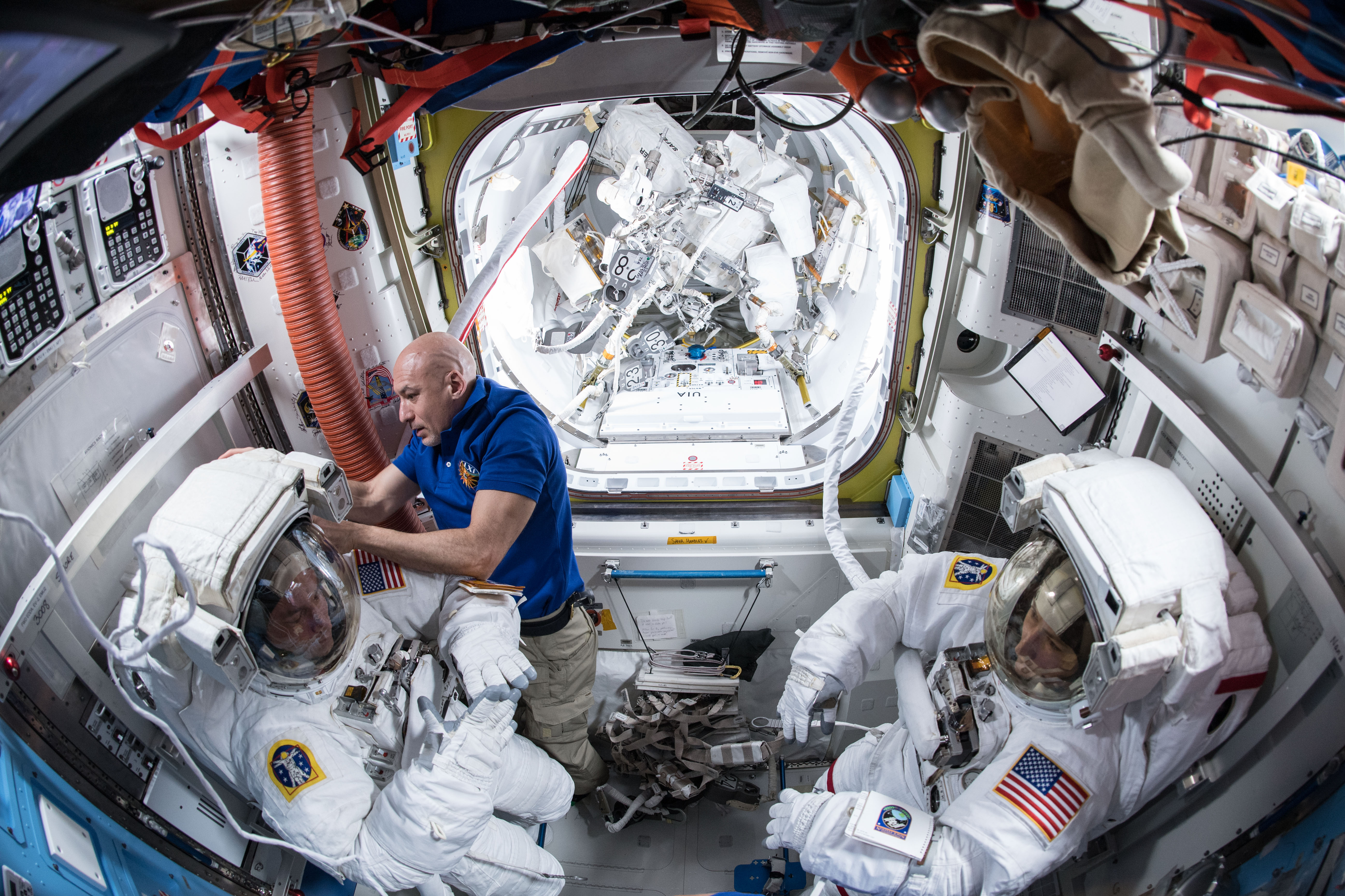 Expedition 61 Commander Luca Parmitano of ESA (European Space Agency) assists NASA astronauts Andrew Morgan (left) and Christina Koch (right) in their U.S. spacesuits. The NASA spacewalkers would go on to conduct a seven hour and one minute spacewalk to begin the latest round of upgrading the station's large nickel-hydrogen batteries with newer, more powerful lithium-ion batteries.
