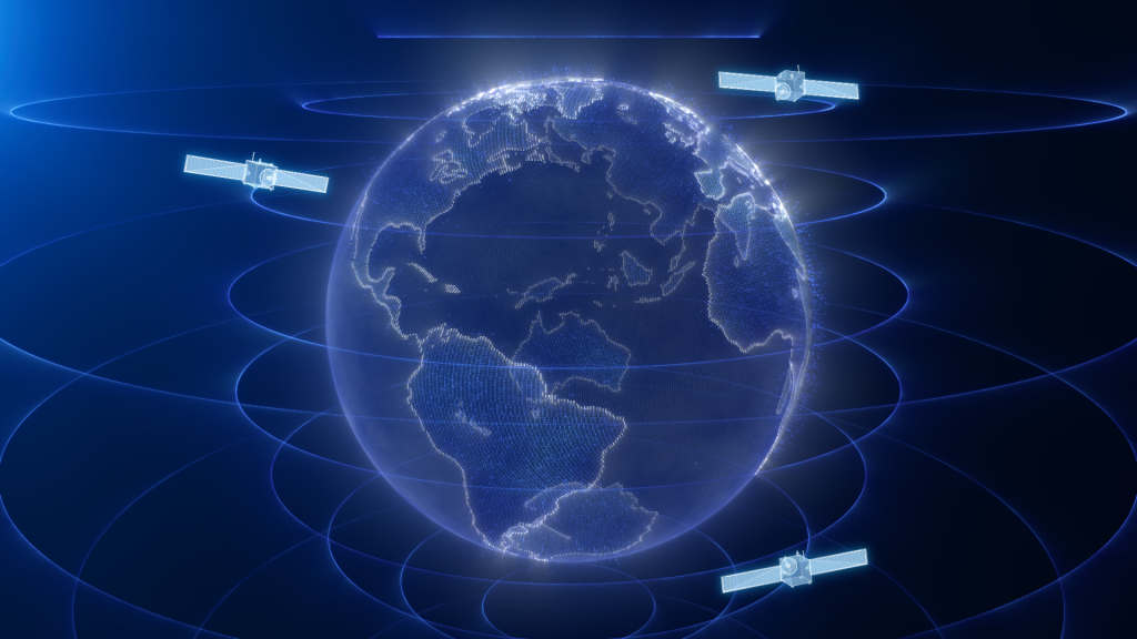 We see an illustrated graphic representation of a near-Earth communications system. A dark blue illustration of planet Earth sits in the center of the image. The Earth is surrounded by three light blue spacecraft. Glowing blue lines encircle the Earth horizontally, representing invisible space communications signals.