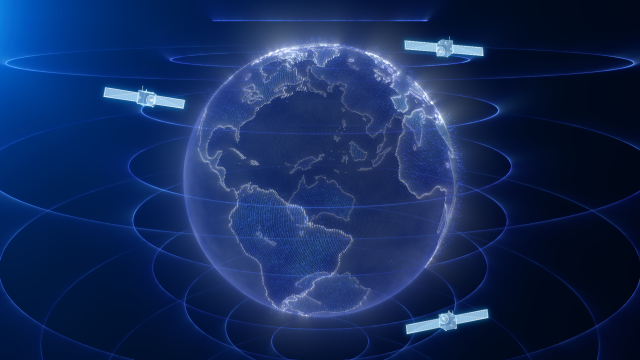 We see an illustrated graphic representation of a near-Earth communications system. A dark blue illustration of planet Earth sits in the center of the image. The Earth is surrounded by three light blue spacecraft. Glowing blue lines encircle the Earth horizontally, representing invisible space communications signals.  