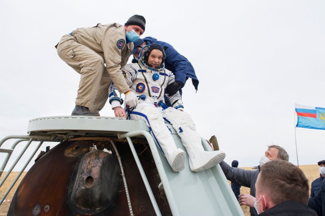 Expedition 63 Roscosmos cosmonaut Ivan Vagner is helped out of the Soyuz MS-16 spacecraft just minutes after he, Roscosmos cosmonaut Anatoly Ivanishin, and NASA astronaut Chris Cassidy, landed in a remote area near the town of Zhezkazgan, Kazakhstan on Thursday, October 22, 2020, Kazakh time (Oct. 21 Eastern time). Cassidy, Ivanishin and Vagner returned after 196 days in space having served as Expedition 62-63 crew members onboard the International Space Station.