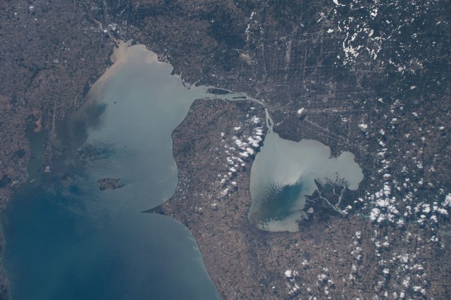 Lakes Erie and St. Clair and the cities of Detroit, Michigan and Toledo, Ohio are pictured as the International Space Station orbited 257 miles over North America.