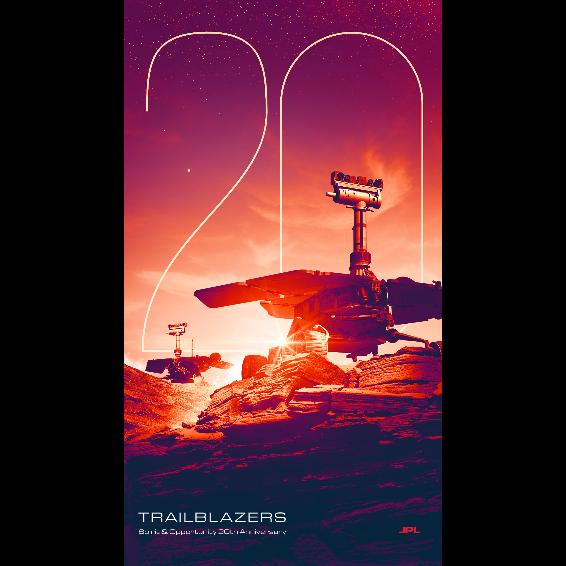 In this commemorative poster, Spirit and Opportunity, NASA's twin rovers, pose atop the rocky Martian landscape, facing away from each other. The dominant colors of the image are red, purple, orange, and white. The Martian sky, which fades from purple at the top to orange at the bottom, takes up three-quarters of the image. A light orange "20" in a thin, simple font stretches over the sky; it is slightly covered up by the rovers. At bottom left is the text "Trailblazers" and "Spirit & Opportunity 20th Anniversary." At bottom right is the red JPL logo.
