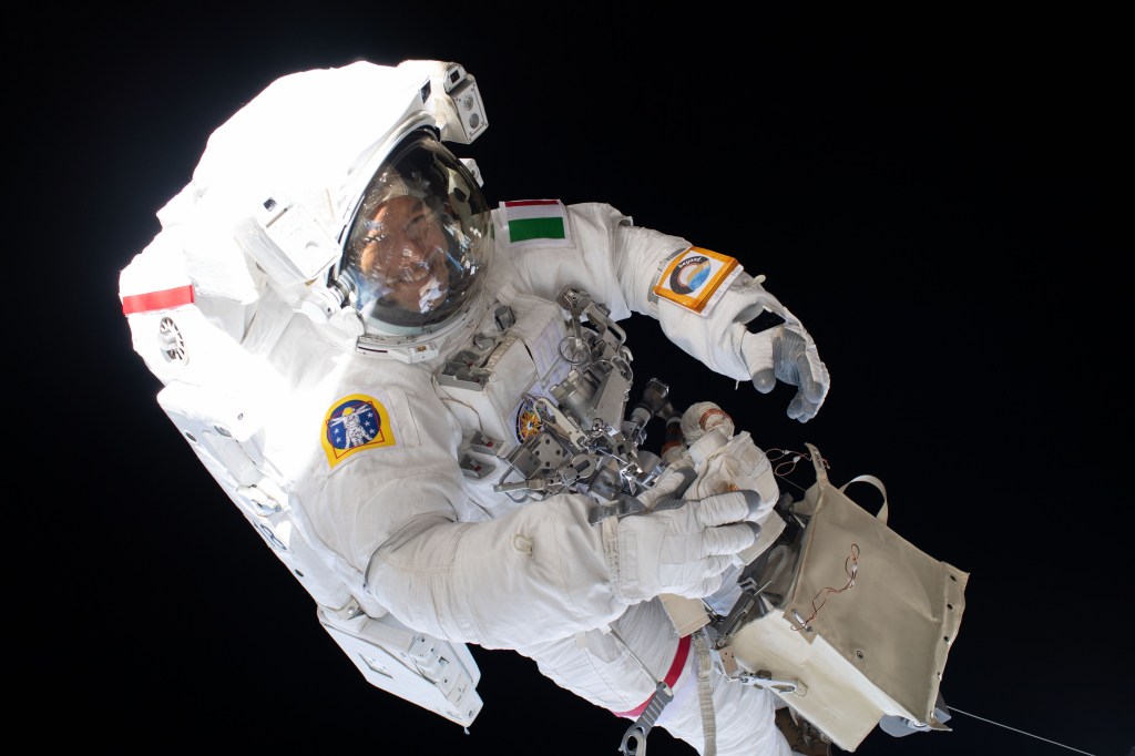 ESA (European Space Agency) astronaut Luca Parmitano is pictured attached to the Canadarm2 robotic arm during the first spacewalk to repair the Alpha Magnetic Spectrometer, the International Space Station's cosmic particle detector.