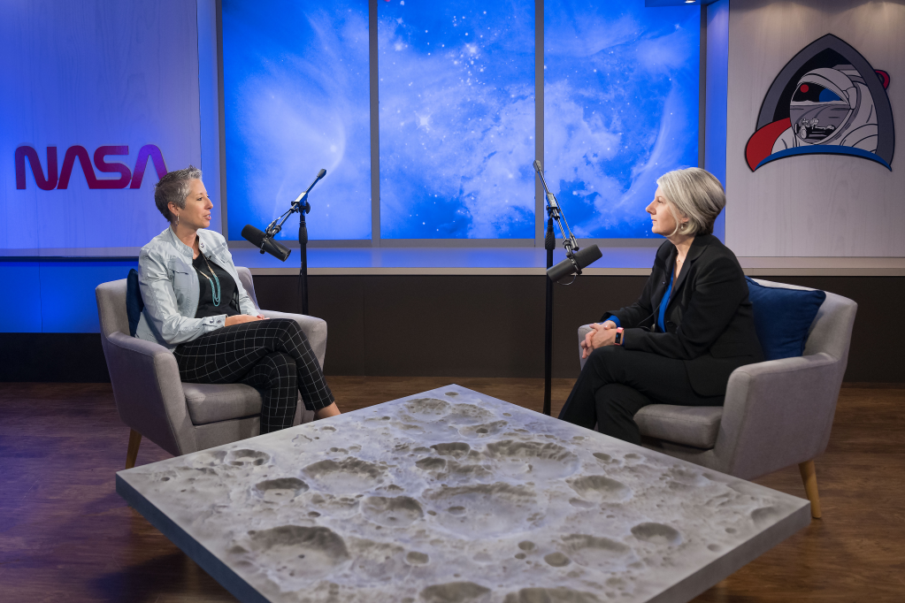 NASA's Stephanie Sipila and Deputy Associate Administrator for the Strategy and Architecture Office Nujoud Merancy on the set of NASA's "Exploring the Moon" series.