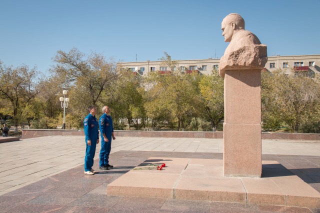 During a tour of the city of Baikonur, Kazakhstan, Expedition 57 back up crew members Oleg Kononenko of Roscosmos and David Saint-Jacques of the Canadian Space Agency paid tribute to Sergei Korolev, the Russian space designer icon Sept. 27 at his statue in traditional pre-launch ceremonies. They are the backups to the prime crew, Alexey Ovchinin of Roscosmos and Nick Hague of NASA, who will launch Oct. 11 on the Soyuz MS-10 spacecraft from the Baikonur Cosmodrome in Kazakhstan for a six-month mission on the International Space Station.