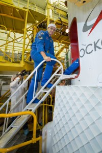 At the Baikonur Cosmodrome in Kazakhstan, Expedition 57 backup crewmember David Saint-Jacques of the Canadian Space Agency poses for pictures Oct. 6 as he boards the Soyuz MS-10 spacecraft for a final fit check. Saint-Jacques and Oleg Kononenko of Roscosmos are the backups to the prime crewmembers, Alexey Ovchinin of Roscosmos and Nick Hague of NASA, who will launch Oct. 11 from the Baikonur Cosmodrome on the Soyuz MS-10 spacecraft for a six-month mission on the International Space Station.