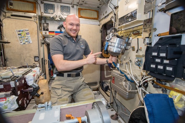Expedition 57 Commander Alexander Gerst of ESA (European Space Agency) is pictured in the galley inside the Zvezda Service Module, part of the International Space Station's Russian segment.