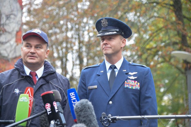 At the Gagarin Cosmonaut Training Center in Star City, Russia, Expedition 57 crew members Alexey Ovchinin of Roscosmos (left) and Nick Hague of NASA (right) answer reporters’ questions Sept. 25 before departing for their launch site in Baikonur, Kazakhstan for final pre-launch training. Hague and Ovchinin will launch Oct. 11 from the Baikonur Cosmodrome in Kazakhstan on the Soyuz MS-10 spacecraft for a six-month mission on the International Space Station.