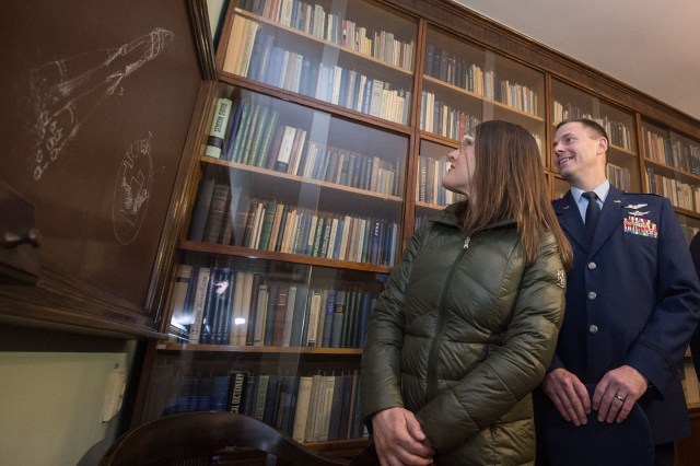 At the Korolev Library in Moscow named after the Russian space designer, Sergei Korolev, NASA’s Expedition 59 astronauts Christina Koch (left) and Nick Hague (right) study a framed drawing of a Soyuz rocket Feb. 21 that Korolev himself drew decades ago. Koch, Hague and Alexey Ovchinin of Roscosmos will launch March 14, U.S. time, on the Soyuz MS-12 spacecraft from the Baikonur Cosmodrome in Kazakhstan for a six-and-a-half month mission on the International Space Station.