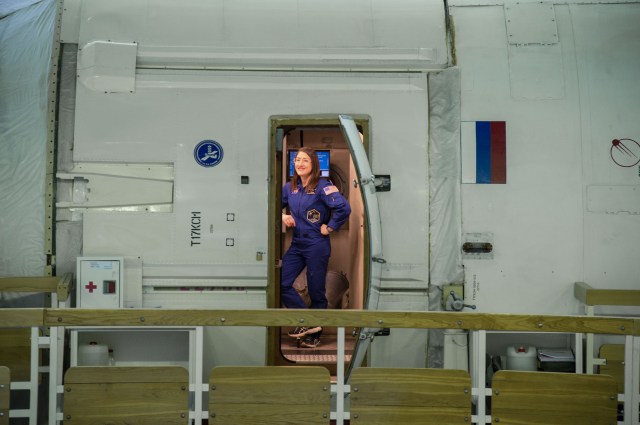 At the Gagarin Cosmonaut Training Center in Star City, Russia, Expedition 59 crew member Christina Koch of NASA is seen in the hatchway of a Russian segment simulator Feb. 19 during the first of two days of final pre-launch qualification exams. Koch, Alexey Ovchinin of Roscosmos and Nick Hague of NASA will launch March 14, U.S. time, from the Baikonur Cosmodrome in Kazakhstan on the Soyuz MS-12 spacecraft for a six-and-a-half month mission on the International Space Station.