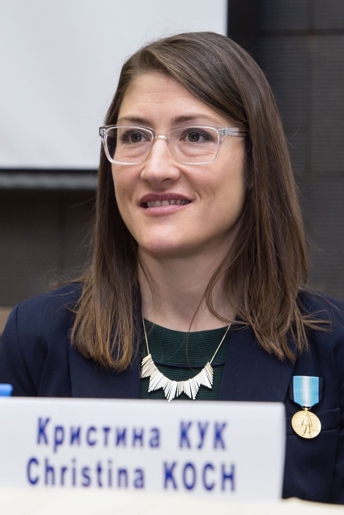 At the Gagarin Cosmonaut Training Center in Star City, Russia, Expedition 59 crew member Christina Koch of NASA listens to a reporter’s question Feb. 21 during a pre-launch news conference. Koch, Nick Hague of NASA and Alexey Ovchinin of Roscosmos will launch March 14, U.S. time, on the Soyuz MS-12 spacecraft from the Baikonur Cosmodrome in Kazakhstan for a six-and-a-half month mission on the International Space Station.
