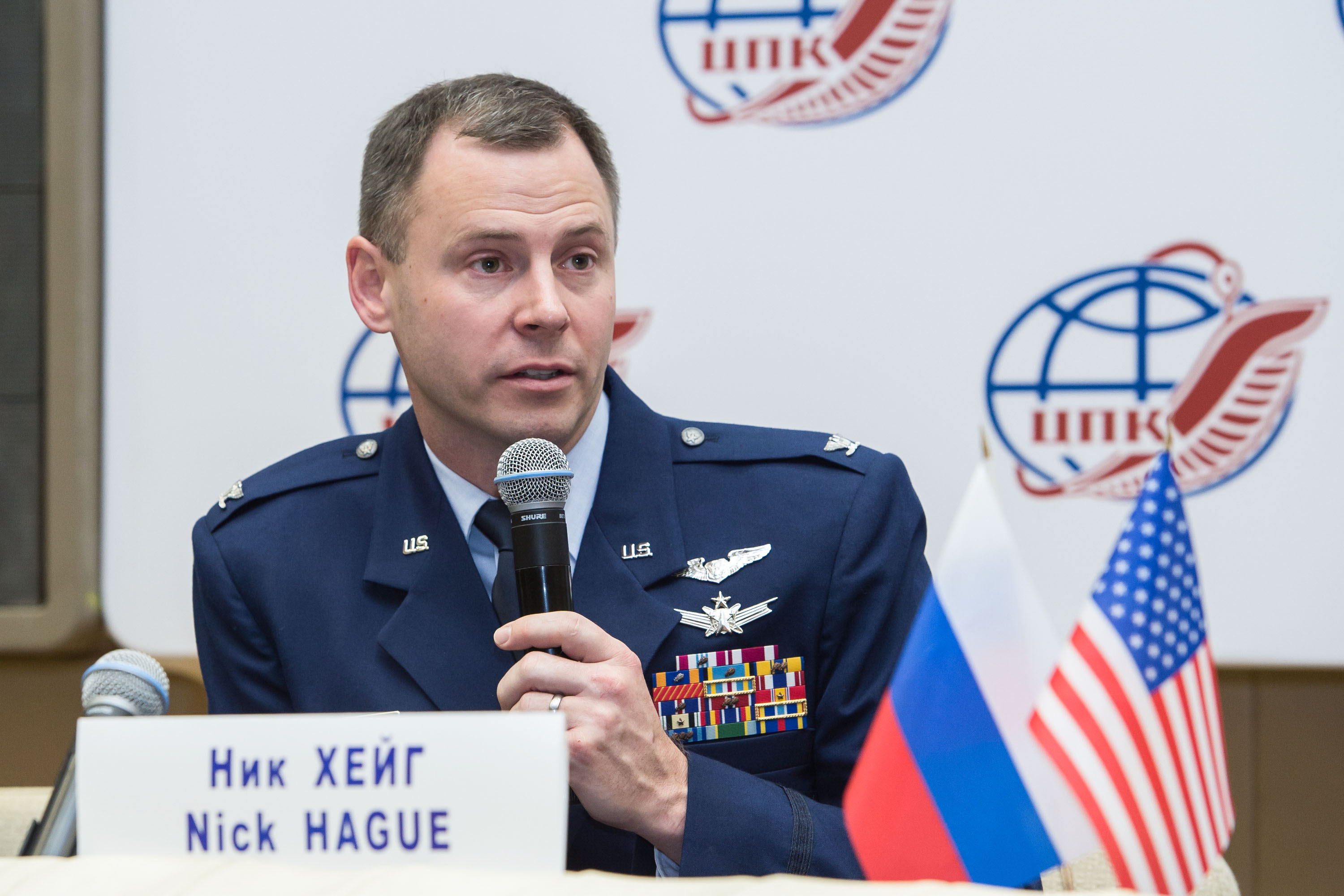 At the Gagarin Cosmonaut Training Center in Star City, Russia, Expedition 59 crew member Nick Hague of NASA answers a reporter’s question Feb. 21 during a pre-launch news conference. Hague, Christina Koch of NASA and Alexey Ovchinin of Roscosmos will launch March 14, U.S. time, on the Soyuz MS-12 spacecraft from the Baikonur Cosmodrome in Kazakhstan for a six-and-a-half month mission on the International Space Station.