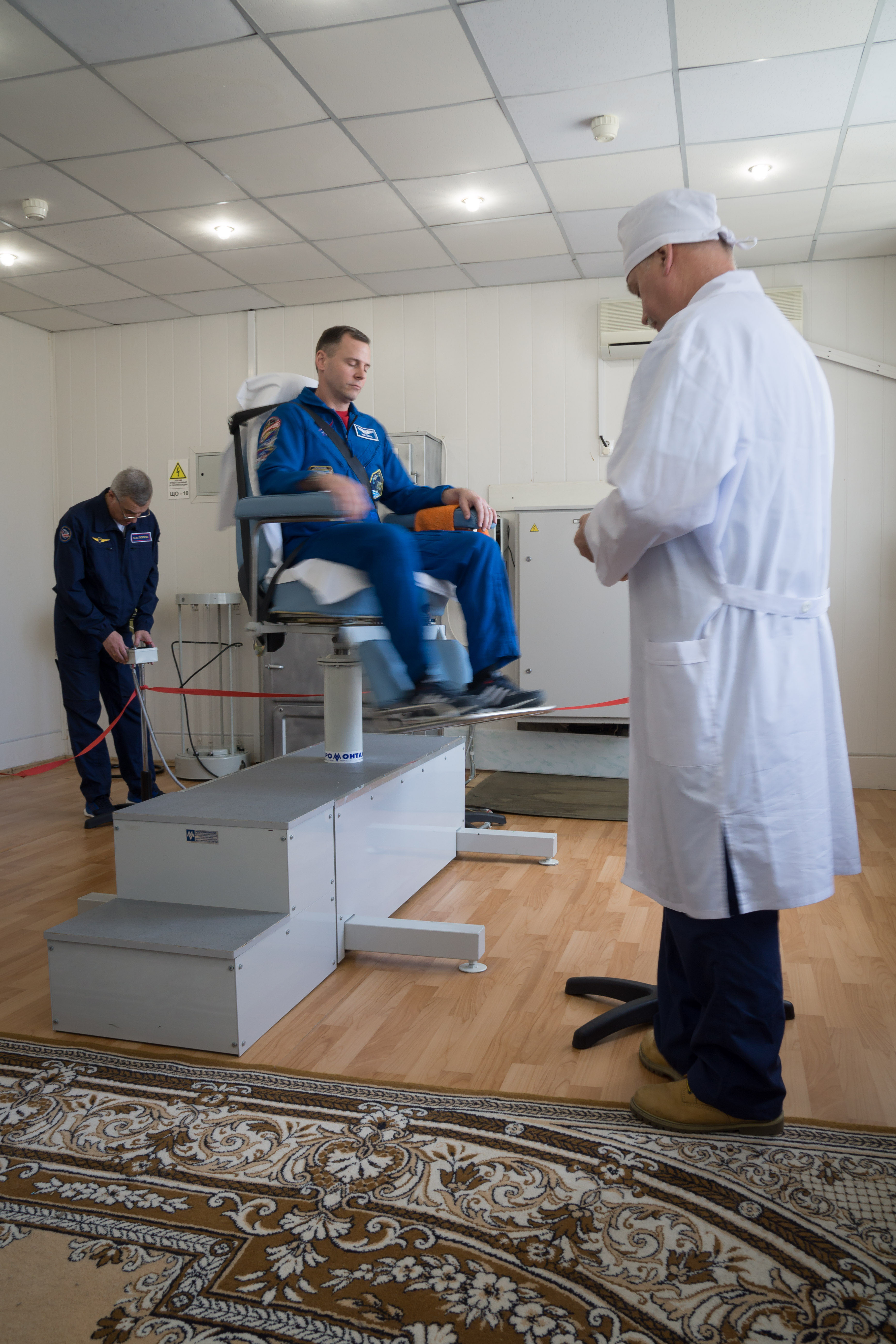 At the Cosmonaut Hotel crew quarters in Baikonur, Kazakhstan, Expedition 59 crew member Nick Hague of NASA tests his vestibular system in a rotating chair March 7 as part of his pre-launch activities. Hague, Christina Koch of NASA and Alexey Ovchinin of Roscosmos will launch March 14, U.S. time, on the Soyuz MS-12 spacecraft from the Baikonur Cosmodrome for a six-and-a-half month mission on the International Space Station.