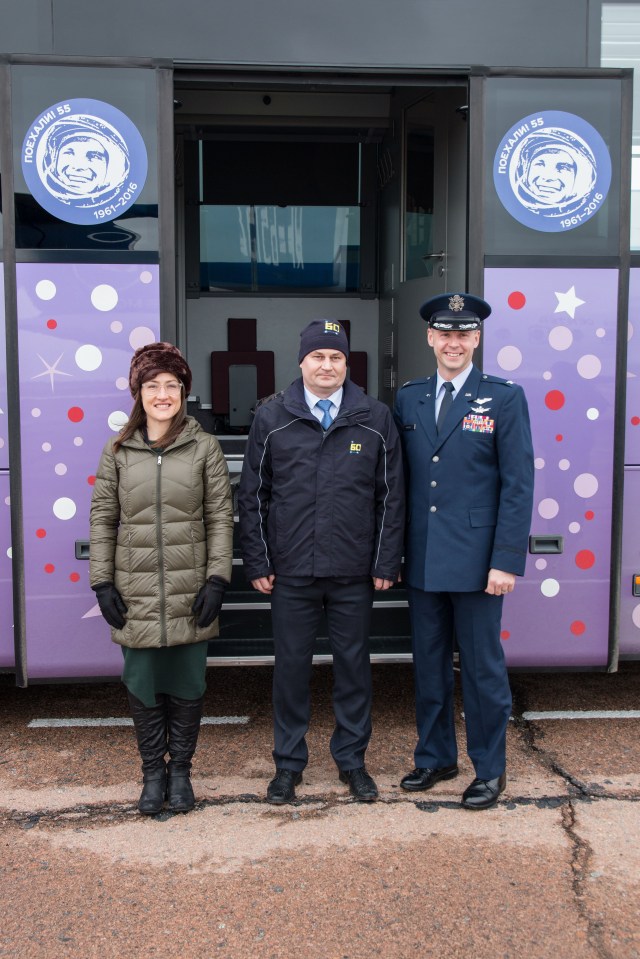 Expedition 59 crew members Christina Koch of NASA (left), Alexey Ovchinin of Roscosmos (center) and Nick Hague of NASA (right) pose for pictures Feb. 26 after arriving at the Baikonur Cosmodrome in Kazakhstan for final pre-launch training following a flight from their training base at the Gagarin Cosmonaut Training Center in Star City, Russia. They will launch March 14, U.S. time, on the Soyuz MS-12 spacecraft from the Baikonur Cosmodrome in Kazakhstan for a six-and-a-half month mission on the International Space Station.