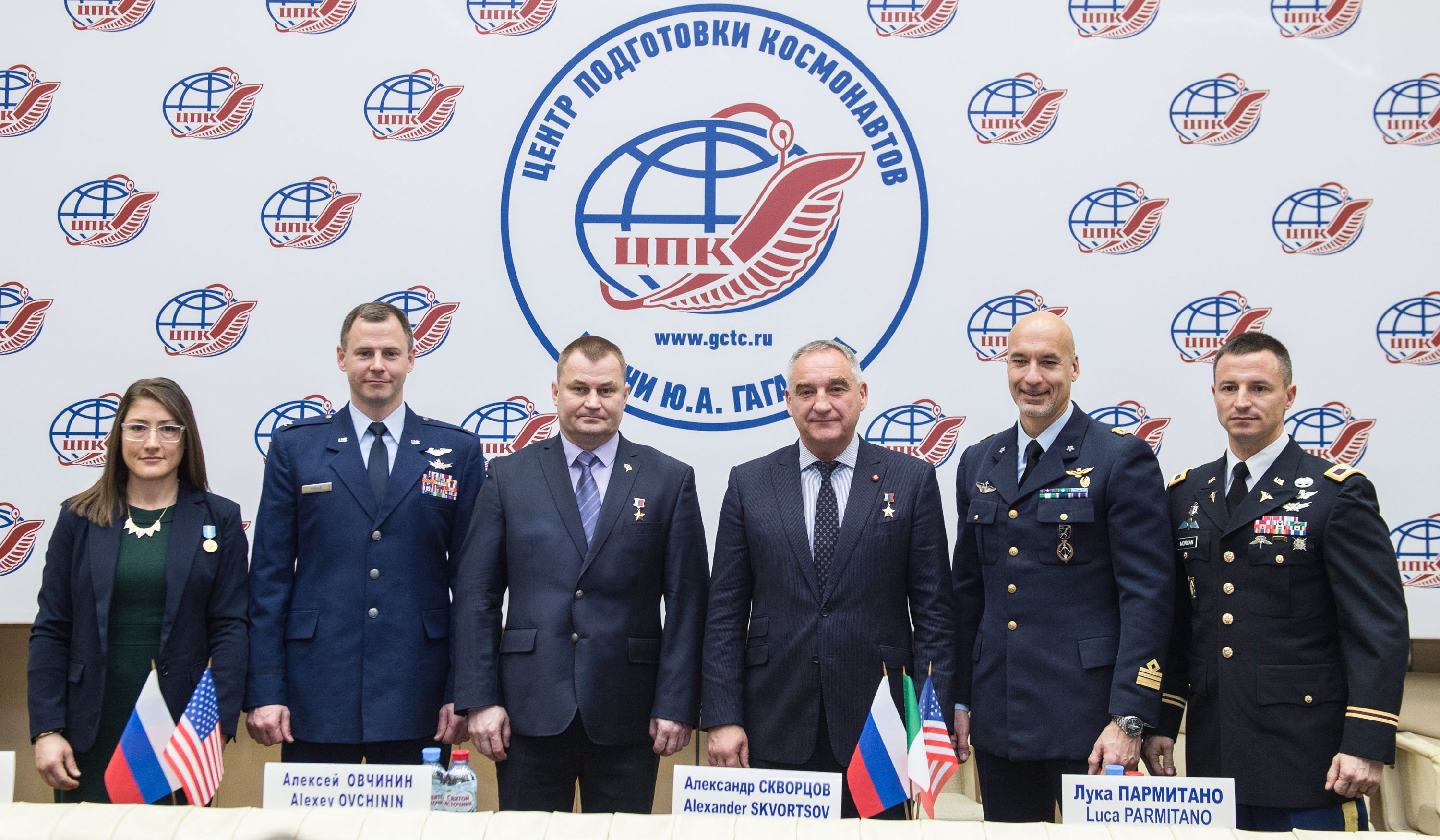 At the Gagarin Cosmonaut Training Center in Star City, Russia, the Expedition 59 prime and backup crew members pose for pictures Feb. 21 following a pre-launch news conference. From left to right are the prime crewmembers, Christina Koch and Nick Hague of NASA and Alexey Ovchinin of Roscosmos, and the backup crewmembers, Alexander Skvortsov of Roscosmos, Luca Parmitano of the European Space Agency and Drew Morgan of NASA. Koch, Hague and Ovchinin will launch March 14, U.S. time, on the Soyuz MS-12 spacecraft from the Baikonur Cosmodrome in Kazakhstan for a six-and-a-half month mission on the International Space Station.