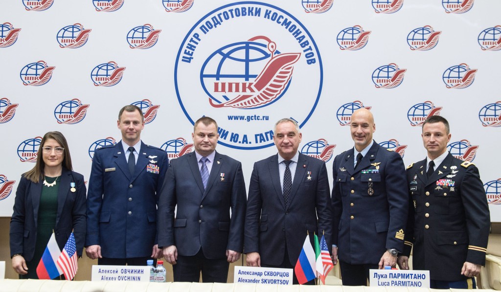 At the Gagarin Cosmonaut Training Center in Star City, Russia, the Expedition 59 prime and backup crew members pose for pictures Feb. 21 following a pre-launch news conference. From left to right are the prime crewmembers, Christina Koch and Nick Hague of NASA and Alexey Ovchinin of Roscosmos, and the backup crewmembers, Alexander Skvortsov of Roscosmos, Luca Parmitano of the European Space Agency and Drew Morgan of NASA. Koch, Hague and Ovchinin will launch March 14, U.S. time, on the Soyuz MS-12 spacecraft from the Baikonur Cosmodrome in Kazakhstan for a six-and-a-half month mission on the International Space Station.