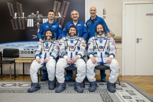 At the Baikonur Cosmodrome in Kazakhstan, the Expedition 59 prime and backup crew members pose for pictures Feb. 27 as part of their pre-launch training. In the front row are the prime crew members, Christina Koch of NASA, Alexey Ovchinin of Roscosmos and Nick Hague of NASA. In the back row are their backups, Drew Morgan of NASA, Alexander Skvortsov of Roscosmos and Luca Parmitano of the European Space Agency. Koch, Hague and Ovchinin will launch March 14, U.S. time, on the Soyuz MS-12 spacecraft from the Baikonur Cosmodrome in Kazakhstan for a six-and-a-half month mission on the International Space Station.