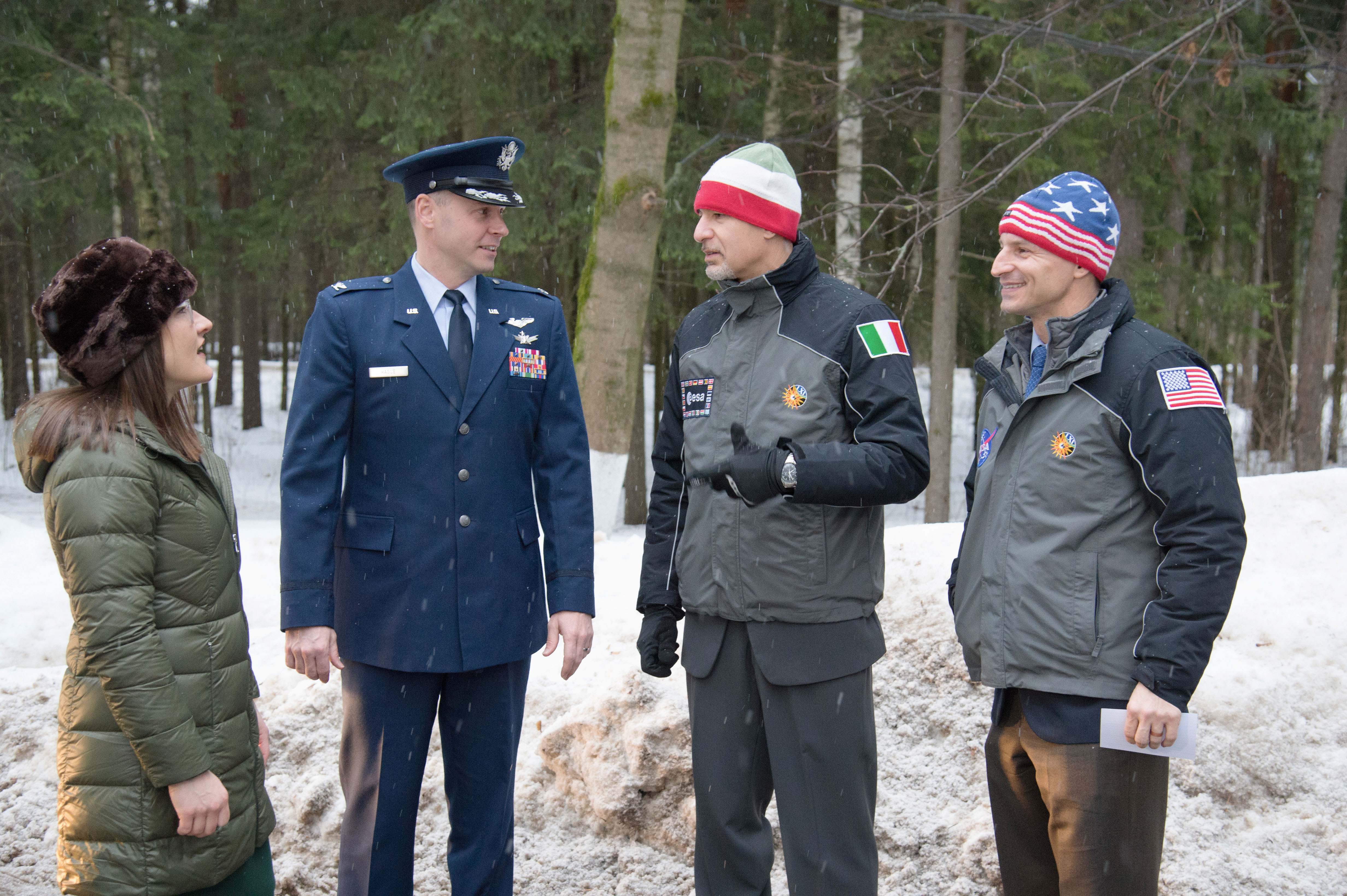 At the Gagarin Cosmonaut Training Center in Star City, Russia, Expedition 59 prime crew members Christina Koch of NASA (left), Nick Hague of NASA (second from left), and backup crew members Luca Parmitano of the European Space Agency (second from right) and Drew Morgan of NASA (right) share a moment Feb. 26 before departing for their launch site at the Baikonur Cosmodrome in Kazakhstan for final pre-launch training. Hague, Koch and Alexey Ovchinin of Roscosmos will launch on March 14, U.S. time, on the Soyuz MS-12 spacecraft from the Baikonur Cosmodrome in Kazakhstan for a six-and-a-half month mission on the International Space Station.