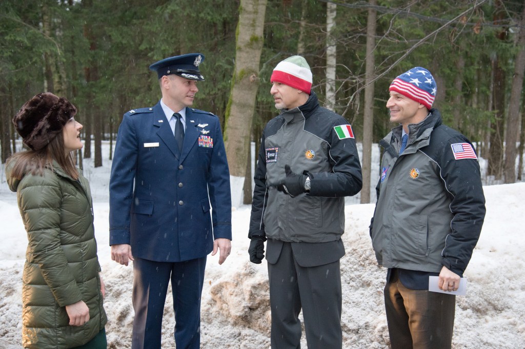 At the Gagarin Cosmonaut Training Center in Star City, Russia, Expedition 59 prime crew members Christina Koch of NASA (left), Nick Hague of NASA (second from left), and backup crew members Luca Parmitano of the European Space Agency (second from right) and Drew Morgan of NASA (right) share a moment Feb. 26 before departing for their launch site at the Baikonur Cosmodrome in Kazakhstan for final pre-launch training. Hague, Koch and Alexey Ovchinin of Roscosmos will launch on March 14, U.S. time, on the Soyuz MS-12 spacecraft from the Baikonur Cosmodrome in Kazakhstan for a six-and-a-half month mission on the International Space Station.