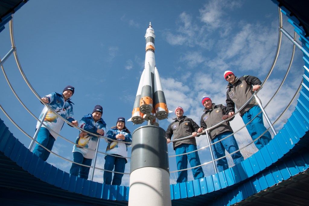 At the Cosmonaut Hotel crew quarters in Baikonur, Kazakhstan, the Expedition 59 prime and backup crew members pose for pictures March 7 as part of their pre-launch activities. From left to right are the prime crewmembers, Nick Hague of NASA, Alexey Ovchinin of Roscosmos and Christina Koch of NASA and the backup crewmembers, Drew Morgan of NASA, Alexander Skvortsov of Roscosmos and Luca Parmitano of the European Space Agency. Hague, Ovchinin and Koch will launch March 14, U.S. time, on the Soyuz MS-12 spacecraft from the Baikonur Cosmodrome for a six-and-a-half month mission on the International Space Station.