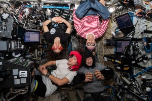 Expedition 61 astronauts (clockwise from top left) Christina Koch, Luca Parmitano, Andrew Morgan and Jessica Meir pose for a portrait in their Halloween costumes aboard the International Space Station.