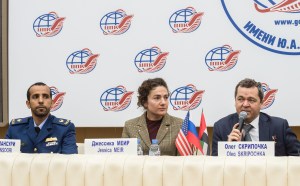 At the Gagarin Cosmonaut Training Center in Star City, Russia, Expedition 61 crew member Oleg Skripochka of Roscosmos (right) answers a reporter’s question Sept. 5 during a pre-flight news conference. Looking on are Expedition 61 crewmate Jessica Meir of NASA (center) and spaceflight participant Hazzaa Ali Almansoori of the United Arab Emirates. They will launch Sept. 25 from the Baikonur Cosmodrome in Kazakhstan on the Soyuz MS-15 spacecraft for a mission on the International Space Station. Image: Gagarin Cosmonaut Training Center.