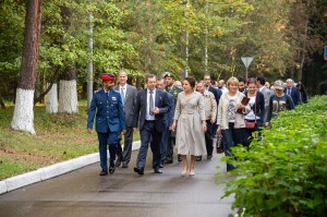 At the Gagarin Cosmonaut Training Center in Star City, Russia, spaceflight participant Hazzaa Ali Almansoori of the United Arab Emirates (front, left) and Expedition 61 crewmembers Oleg Skripochka of Roscosmos (center) and Jessica Meir of NASA (right) lead the way Sept. 10 as they walk to the busses that will take them to a nearby airfield for a flight to their launch site at the Baikonur Cosmodrome in Kazakhstan. They will launch on Sept. 25 from the Baikonur Cosmodrome on the Soyuz MS-15 spacecraft for a mission on the International Space Station.