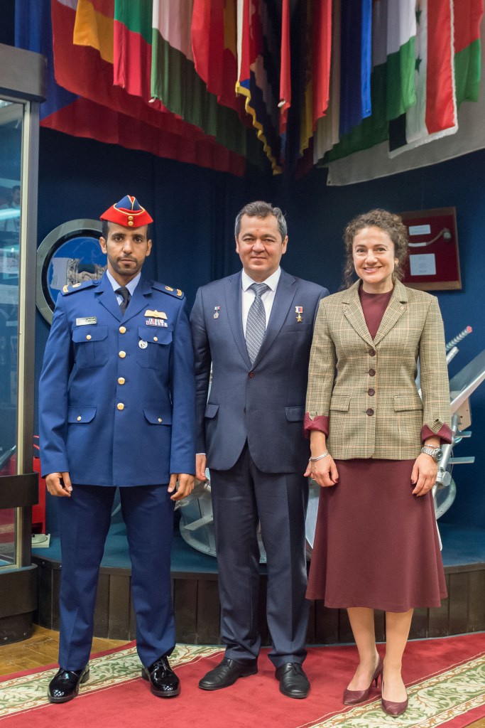 At the Gagarin Cosmonaut Training Center in Star City, Russia, the next crew to launch to the International Space Station poses for pictures Sept. 5 as part of pre-launch activities. From left to right are spaceflight participant Hazzaa Ali Almansoori of the United Arab Emirates and Expedition 61 crewmembers Oleg Skripochka of Roscosmos and Jessica Meir of NASA. They will launch Sept. 25 from the Baikonur Cosmodrome in Kazakhstan on the Soyuz MS-15 spacecraft for a mission on the International Space Station.