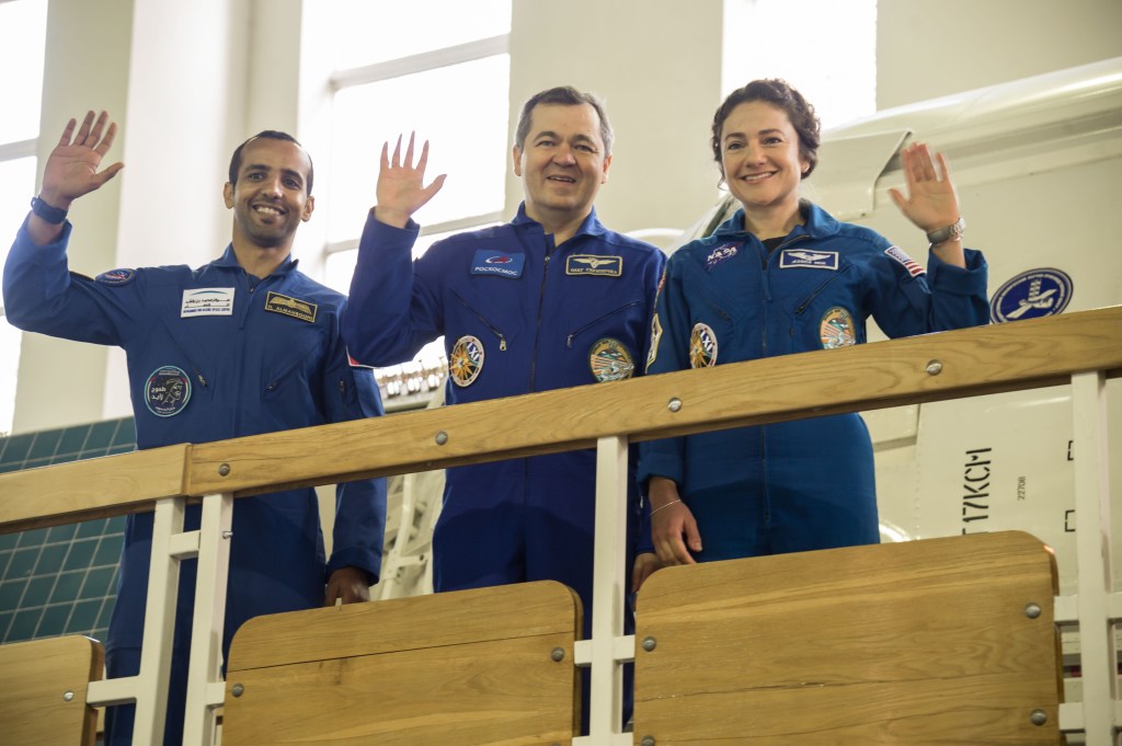 At the Gagarin Cosmonaut Training Center in Star City, Russia, the next crew to launch to the International Space Station posed for pictures Aug. 29 during their final qualification exams for flight. From left to right are United Arab Emirates spaceflight participant Hazzaa Ali Almansoori, and Expedition 61 crewmembers Oleg Skripochka of Roscosmos and Jessica Meir of NASA. They will launch Sept. 25 from the Baikonur Cosmodrome in Kazakhstan on the Soyuz MS-15 spacecraft.