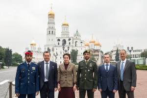 Inside the grounds of the Kremlin in Moscow, the prime and backup crewmembers for the next launch to the International Space Station pose for pictures Sept. 5 as part of pre-flight activities. From left to right are the prime crewmembers, spaceflight participant Hazzaa Ali Almansoori of the United Arab Emirates and Expedition 61 crewmembers Oleg Skripochka of Roscosmos and Jessica Meir of NASA, and their backups, Sultan Al-Neyadi of the United Arab Emirates, Sergey Ryzhikov of Roscosmos and Tom Marshburn of NASA. Meir, Skripochka and Almansoori will launch Sept. 25 from the Baikonur Cosmodrome in Kazakhstan on the Soyuz MS-15 spacecraft for a mission on the International Space Station.